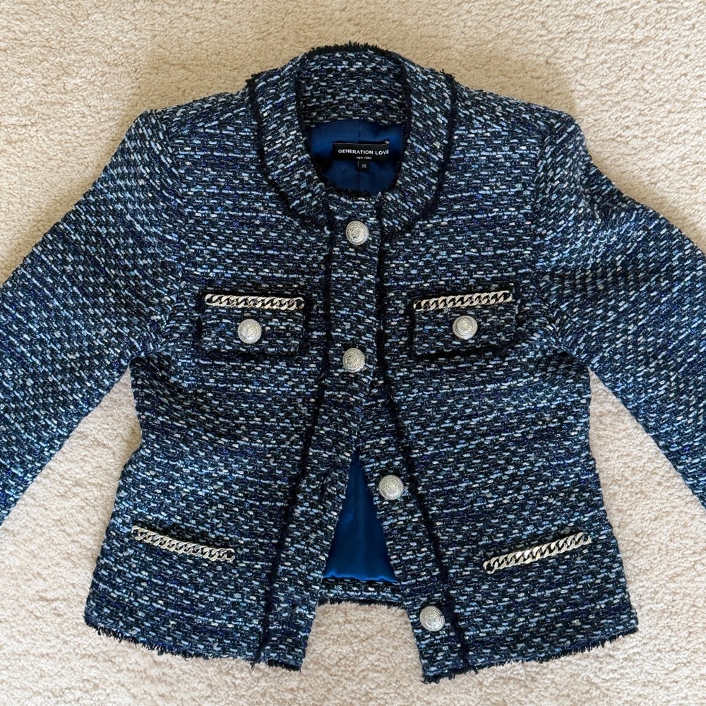 Generation Love Navy Cropped Tweed Kristen Blazer Jacket with Silver Chain, XS